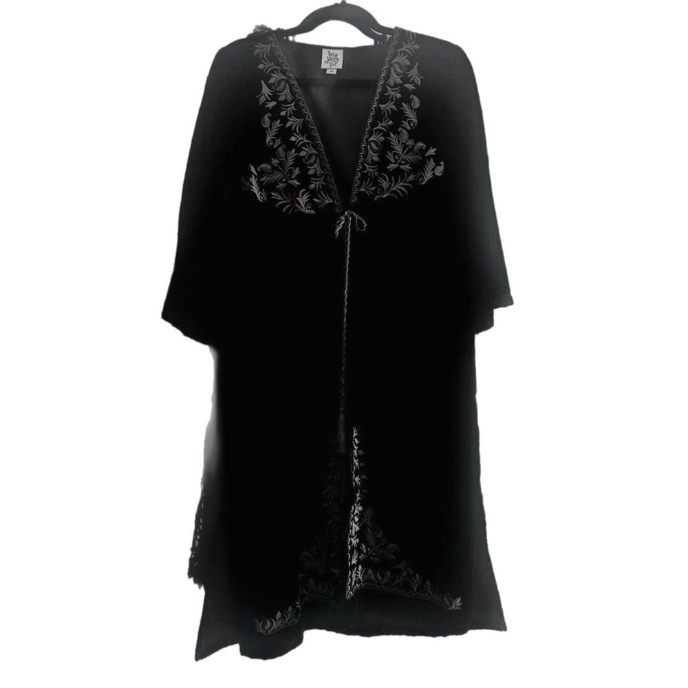 Ivy Jane Black Embroidered Velvet Mini Duster Kimono Tassel Tie Medium